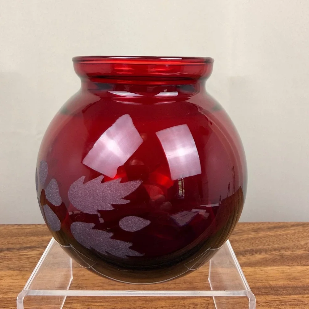 Anchor Hocking Ruby Red Glass Rose Bowl Etched Frosted Floral Vintage Vase 4.5in